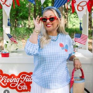 Blue Gingham Sweatshirt with Popsicle Graphic